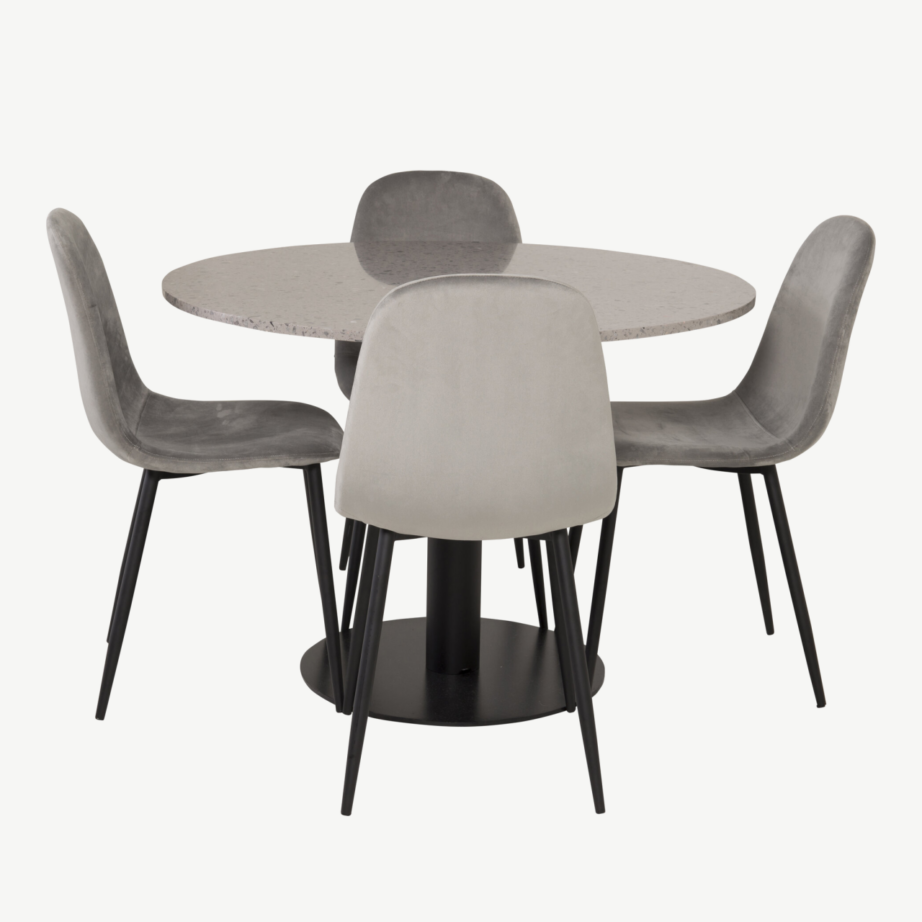 Razzia ümmargune söögikomplekt halli terrazzo laua ja helehallide velvettoolidega, Ø106 cm, GR19143