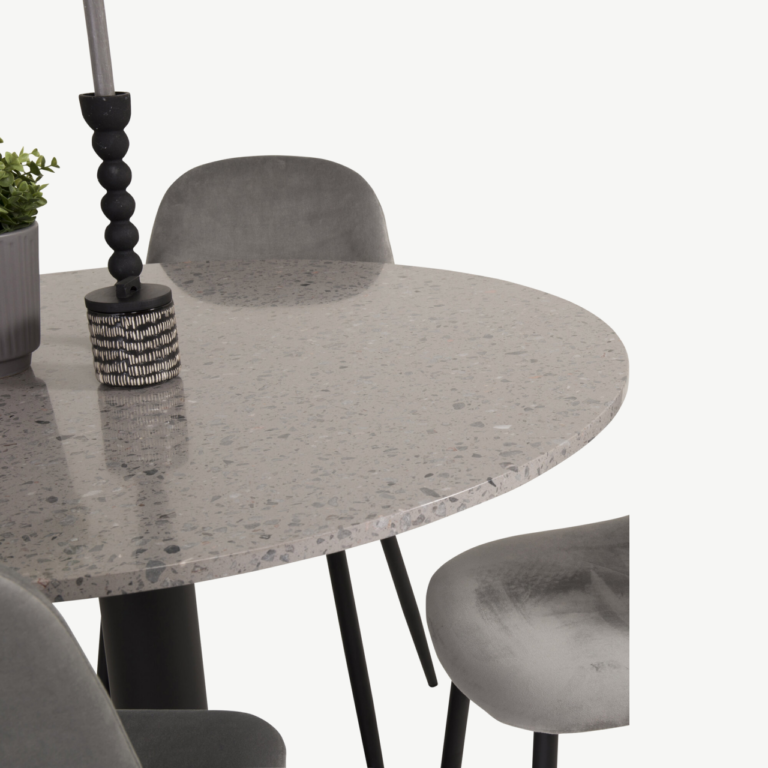 Razzia ümmargune söögikomplekt halli terrazzo laua ja helehallide velvettoolidega, Ø106 cm - GR19143
