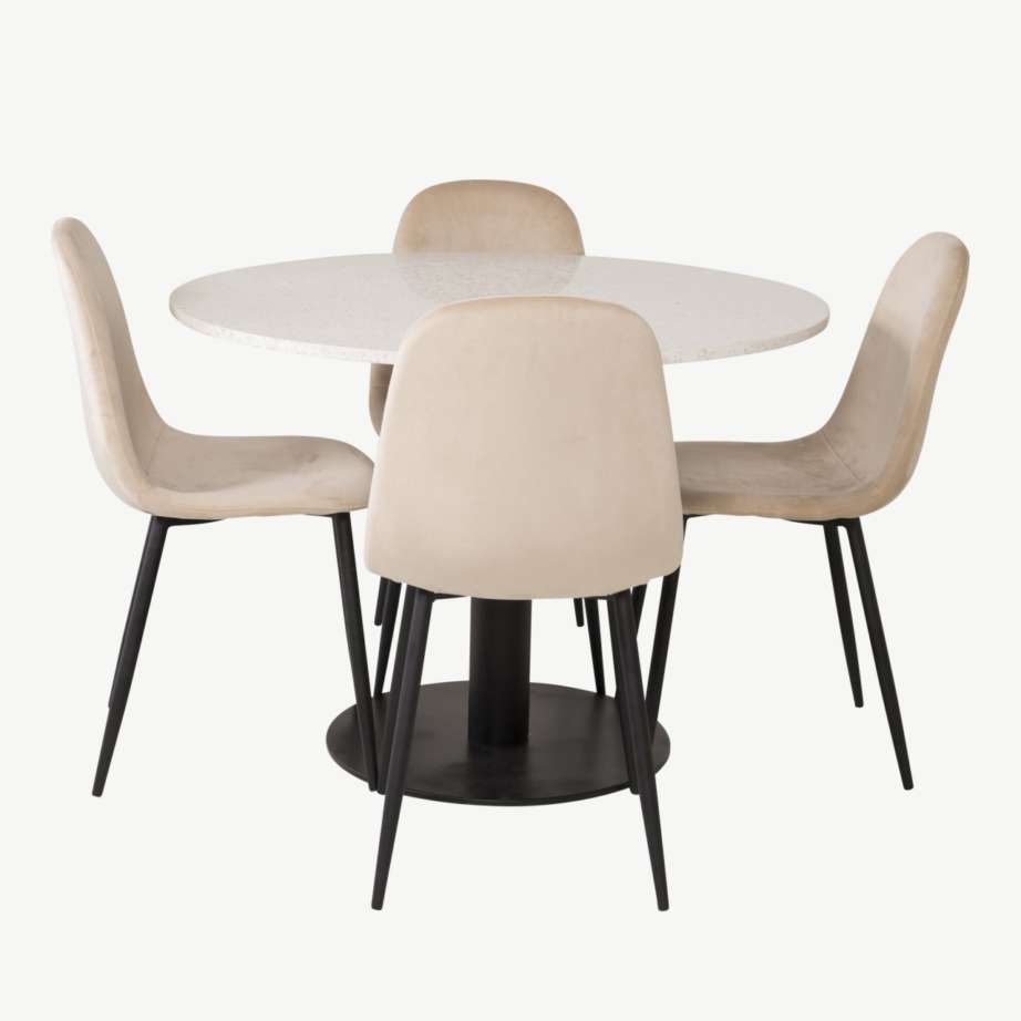 Valge terrazzo söögilauakomplekt Razzia ja beežid Polar velvettoolid (ø106 cm, mustad jalad), GR19144 – 2