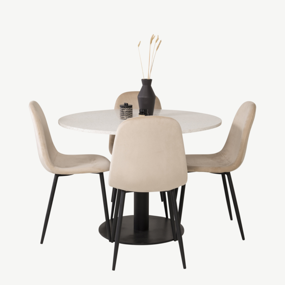 Valge terrazzo söögilauakomplekt Razzia ja beežid Polar velvettoolid (ø106 cm, mustad jalad), GR19144 – 3