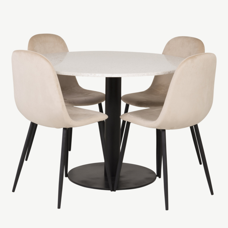 Valge terrazzo söögilauakomplekt Razzia ja beežid Polar velvettoolid (ø106 cm, mustad jalad), GR19144