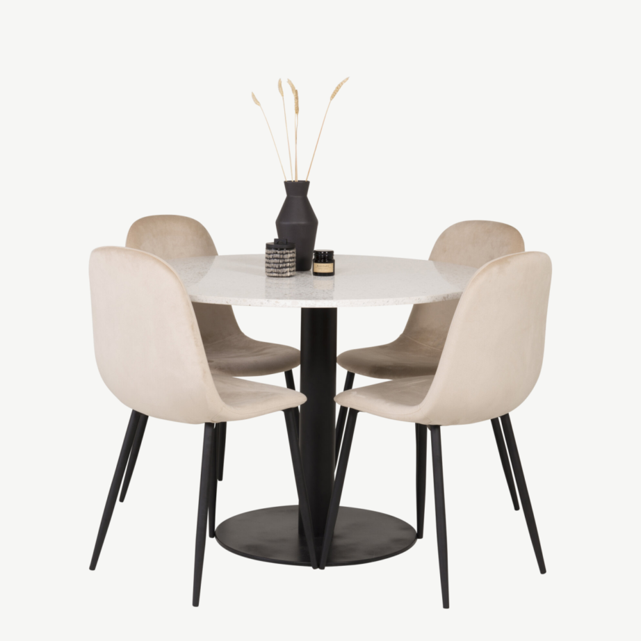 Valge terrazzo söögilauakomplekt Razzia ja beežid Polar velvettoolid (ø106 cm, mustad jalad), GR19144 – 4