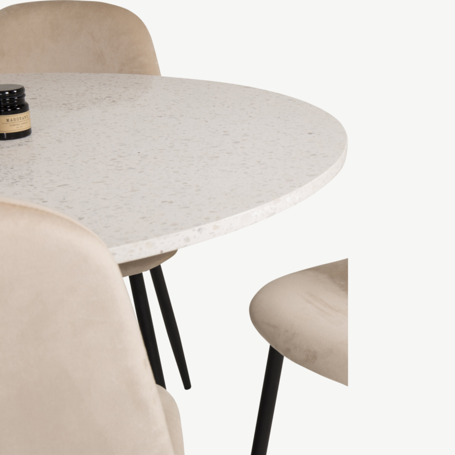 Valge terrazzo söögilauakomplekt Razzia ja beežid Polar velvettoolid (ø106 cm, mustad jalad), GR19144 – 5