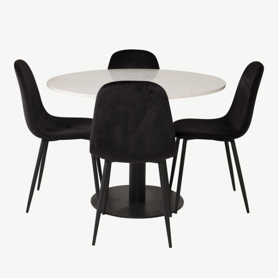 Ümmarguse terrazzo lauaplaadiga Razzia söögilaud ja mustad sametist Polar toolid (ø106 cm), GR19145 – 2