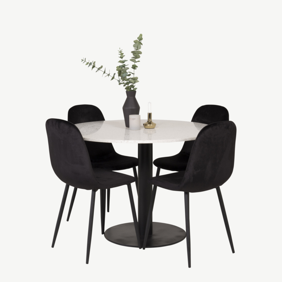 Ümmarguse terrazzo lauaplaadiga Razzia söögilaud ja mustad sametist Polar toolid (ø106 cm), GR19145