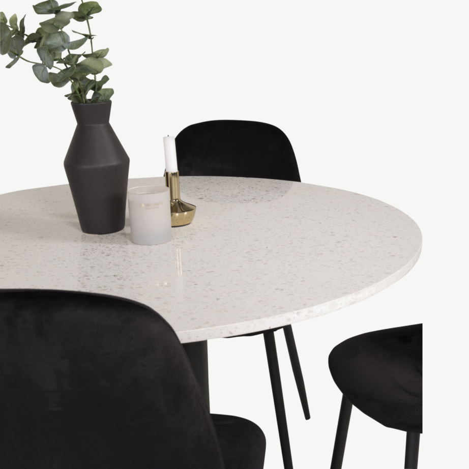 Ümmarguse terrazzo lauaplaadiga Razzia söögilaud ja mustad sametist Polar toolid (ø106 cm), GR19145 – 5