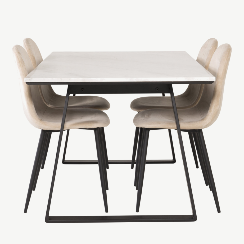 Estelle ristkülikukujuline valge marmorist söögilauakomplekt ja 4 beeži sametist tooli Polar, musta raamiga, GR19147 – 2