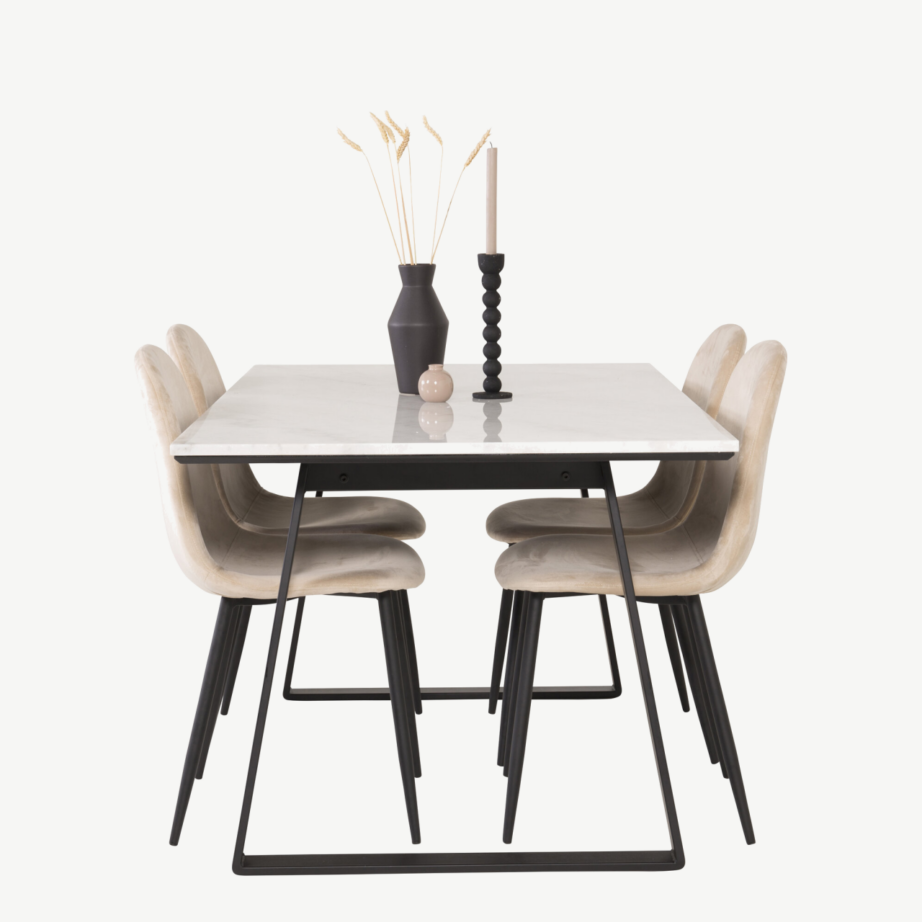 Estelle ristkülikukujuline valge marmorist söögilauakomplekt ja 4 beeži sametist tooli Polar, musta raamiga, GR19147 – 3