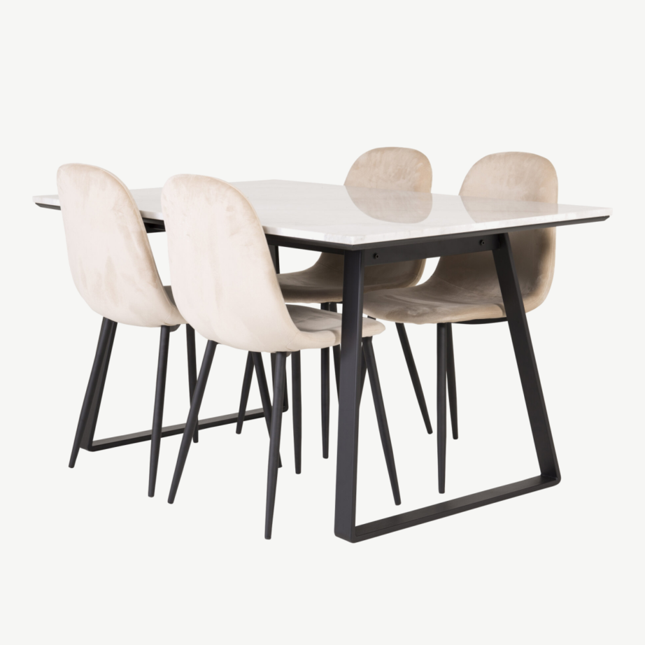 Estelle ristkülikukujuline valge marmorist söögilauakomplekt ja 4 beeži sametist tooli Polar, musta raamiga, GR19147 – 4