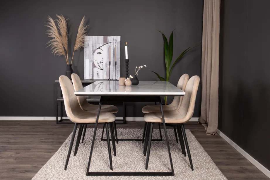 Estelle ristkülikukujuline valge marmorist söögilauakomplekt ja 4 beeži sametist tooli Polar, musta raamiga, GR19147 – 5