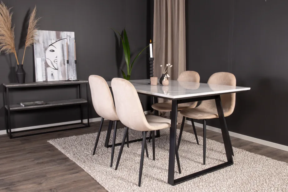 Estelle ristkülikukujuline valge marmorist söögilauakomplekt ja 4 beeži sametist tooli Polar, musta raamiga, GR19147 – 6