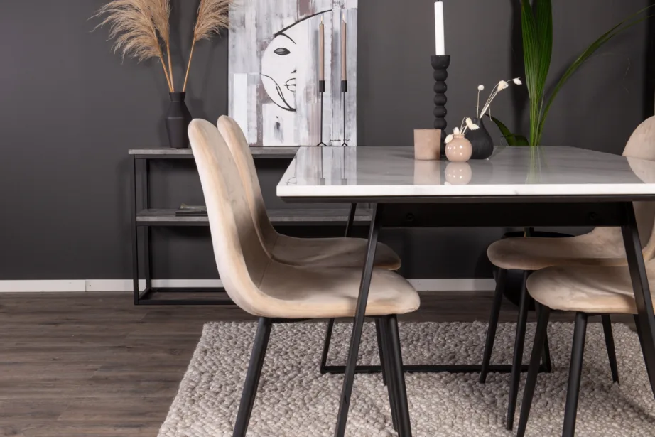 Estelle ristkülikukujuline valge marmorist söögilauakomplekt ja 4 beeži sametist tooli Polar, musta raamiga, GR19147 – 7