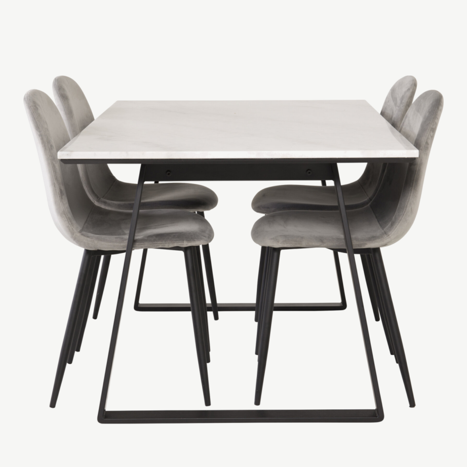 Söögikomplekt Estelle – valge marmorist lauaplaadiga laud ja helehallid sametist toolid, mustade metalljalgadega, GR19148 – 2