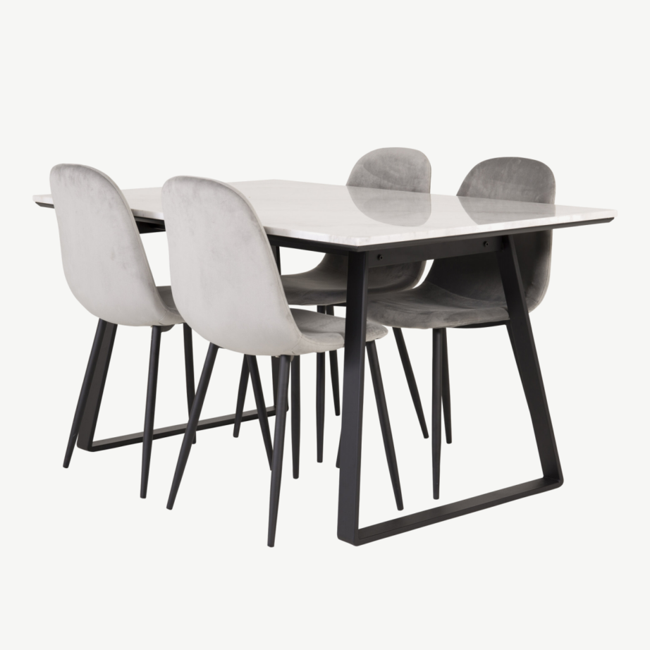 Söögikomplekt Estelle – valge marmorist lauaplaadiga laud ja helehallid sametist toolid, mustade metalljalgadega, GR19148 – 4