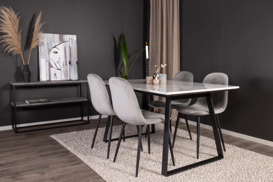 Söögikomplekt Estelle – valge marmorist lauaplaadiga laud ja helehallid sametist toolid, mustade metalljalgadega, GR19148 – 6