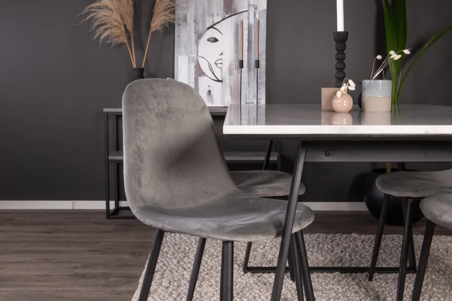 Söögikomplekt Estelle – valge marmorist lauaplaadiga laud ja helehallid sametist toolid, mustade metalljalgadega, GR19148 – 8