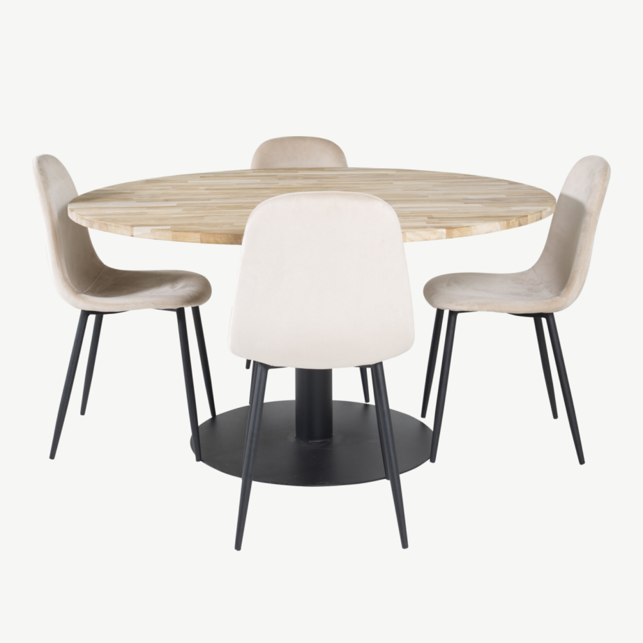 Cireboni ümmargune tiigipuust söögilaud musta terasjalaga, 140 cm + Polar toolid, beež velvet, GR19152 – 2