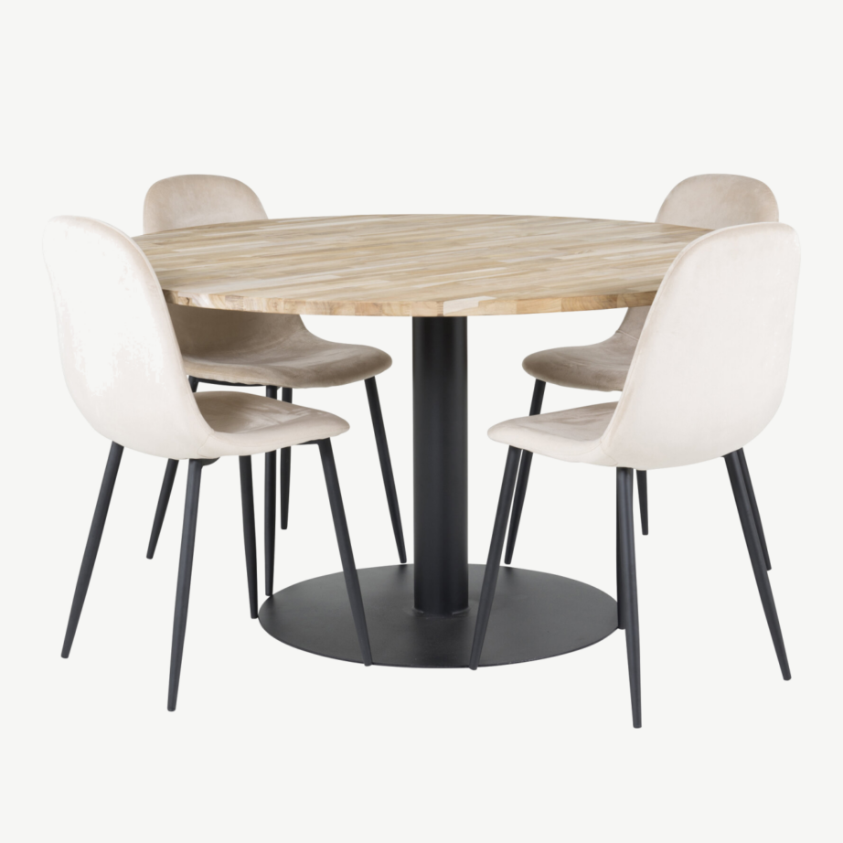 Cireboni ümmargune tiigipuust söögilaud musta terasjalaga, 140 cm + Polar toolid, beež velvet, GR19152 – 3