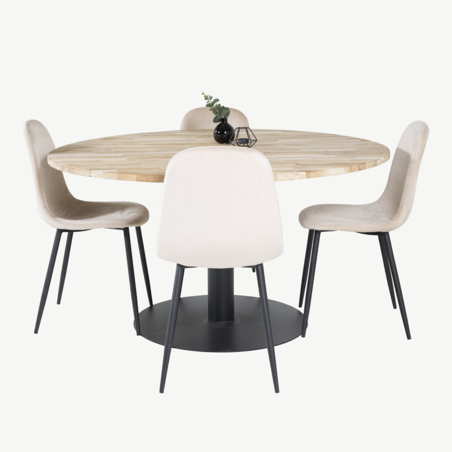 Cireboni ümmargune tiigipuust söögilaud musta terasjalaga, 140 cm + Polar toolid, beež velvet, GR19152 – 4