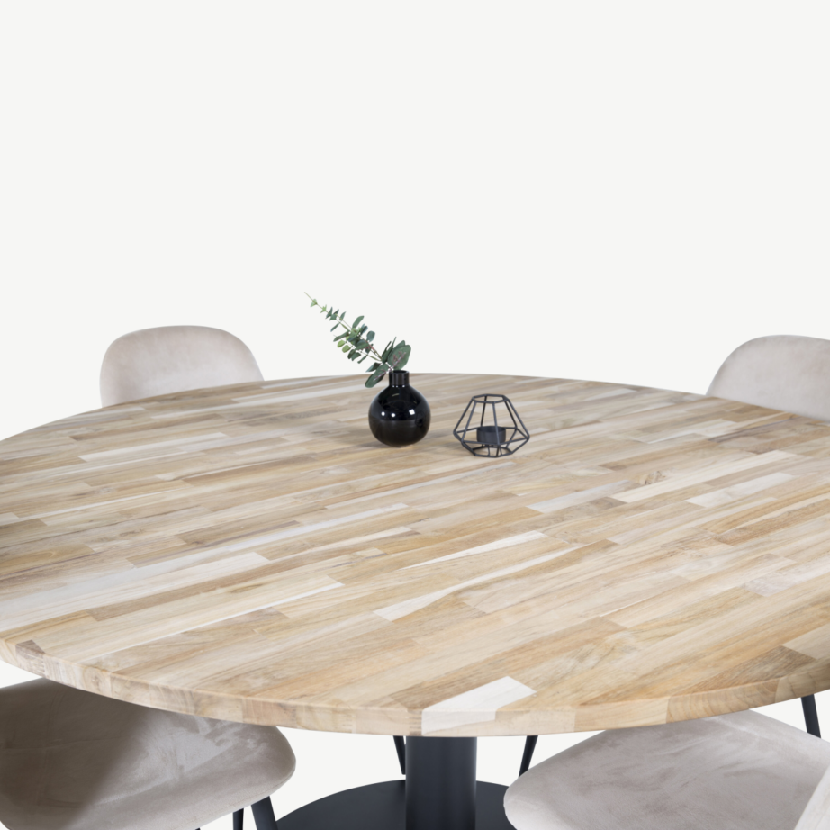 Cireboni ümmargune tiigipuust söögilaud musta terasjalaga, 140 cm + Polar toolid, beež velvet, GR19152 – 5