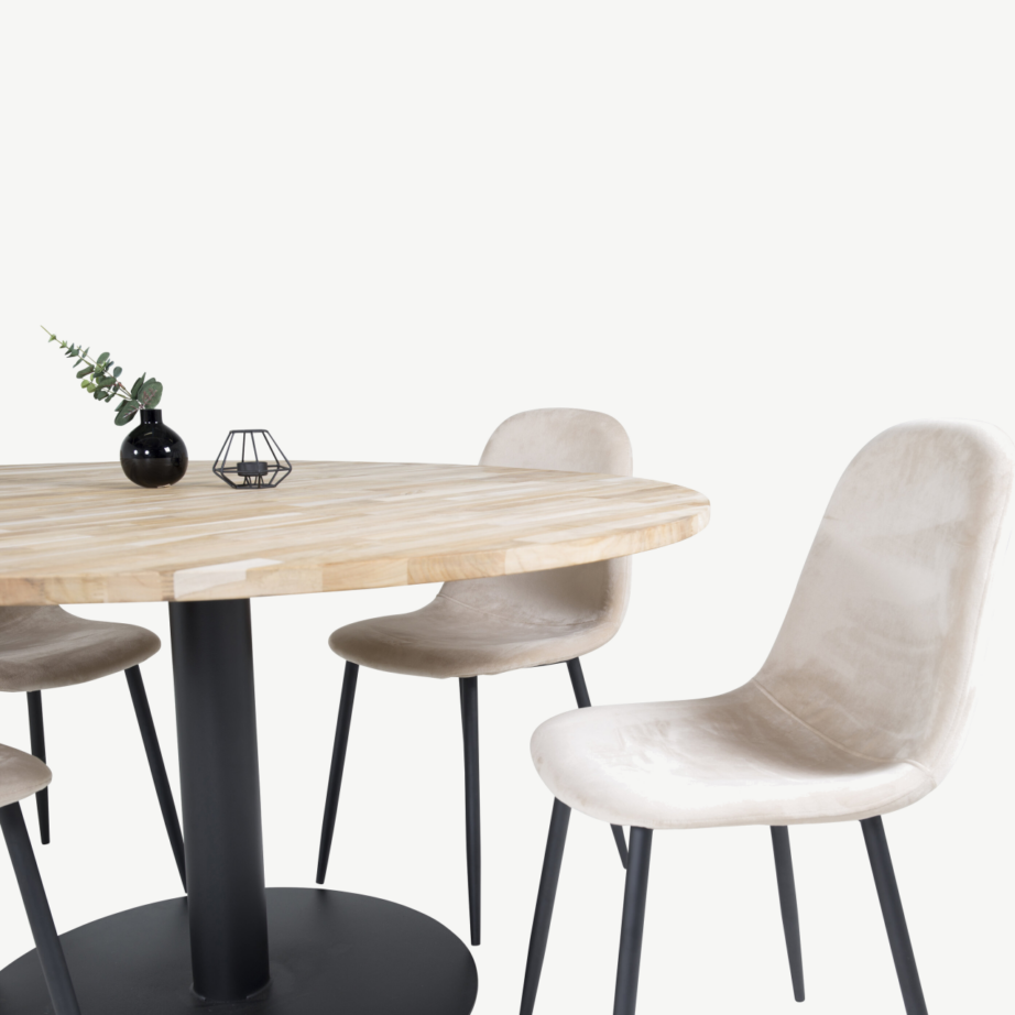 Cireboni ümmargune tiigipuust söögilaud musta terasjalaga, 140 cm + Polar toolid, beež velvet, GR19152 – 6