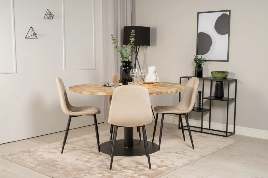 Cireboni ümmargune tiigipuust söögilaud musta terasjalaga, 140 cm + Polar toolid, beež velvet, GR19152 – 7