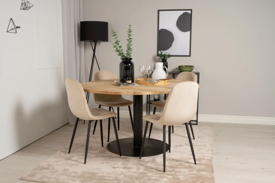 Cireboni ümmargune tiigipuust söögilaud musta terasjalaga, 140 cm + Polar toolid, beež velvet, GR19152 – 8