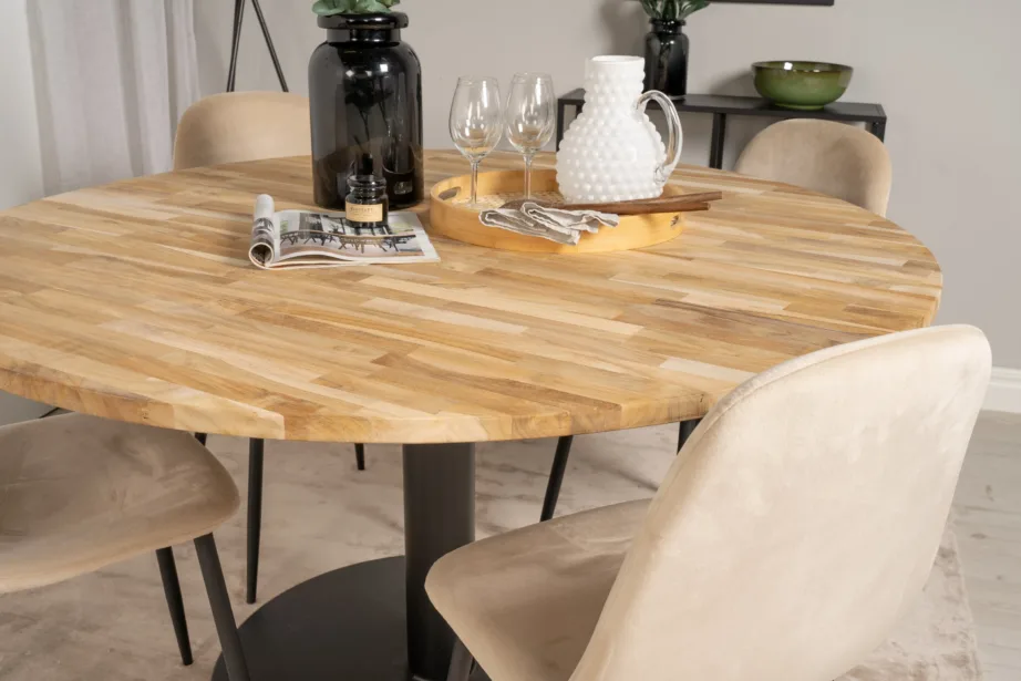 Cireboni ümmargune tiigipuust söögilaud musta terasjalaga, 140 cm + Polar toolid, beež velvet, GR19152 – 9