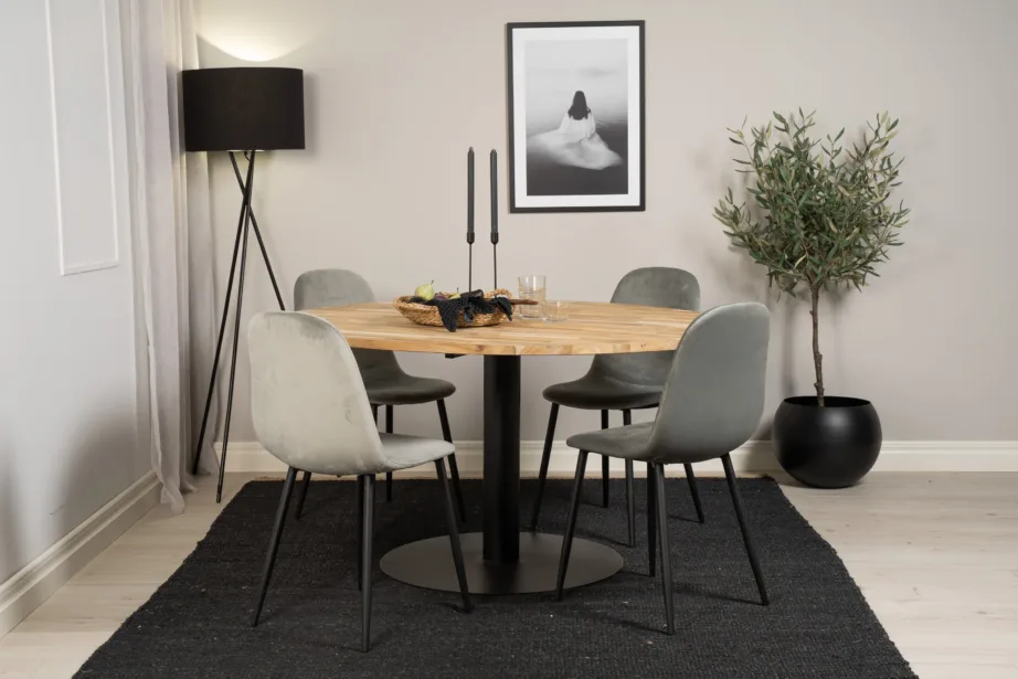 Ümmargune tiigipuust söögilaud Cirebon ja hallid sametist toolid Polar (4 tk), ø140 cm, GR19153 – 6