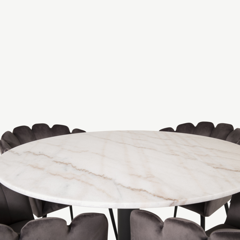 Estelle ümmargune marmorist söögilauakomplekt hallide velvetist toolidega (4 tk), GR19188 – 2