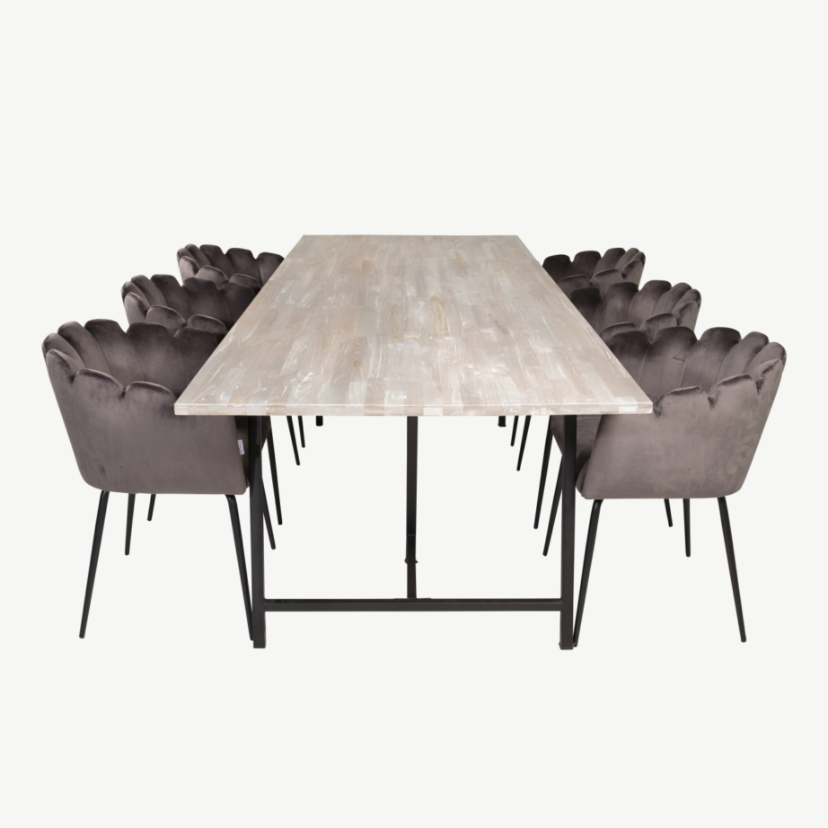 Tiigipuust söögilauakomplekt Jepara musta metallraamiga ja hallide Limhamn samettoolidega, GR19190 – 2