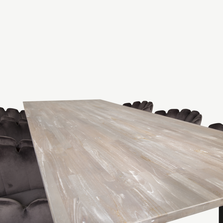 Tiigipuust söögilauakomplekt Jepara musta metallraamiga ja hallide Limhamn samettoolidega, GR19190 – 3