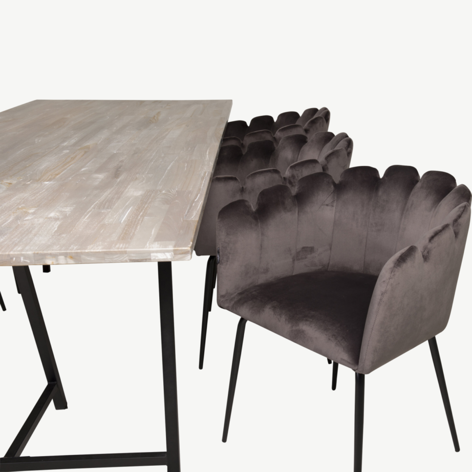 Tiigipuust söögilauakomplekt Jepara musta metallraamiga ja hallide Limhamn samettoolidega, GR19190 – 4