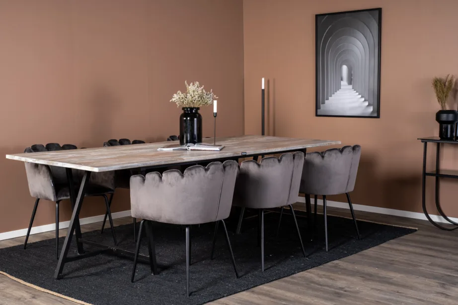 Tiigipuust söögilauakomplekt Jepara musta metallraamiga ja hallide Limhamn samettoolidega, GR19190 – 6