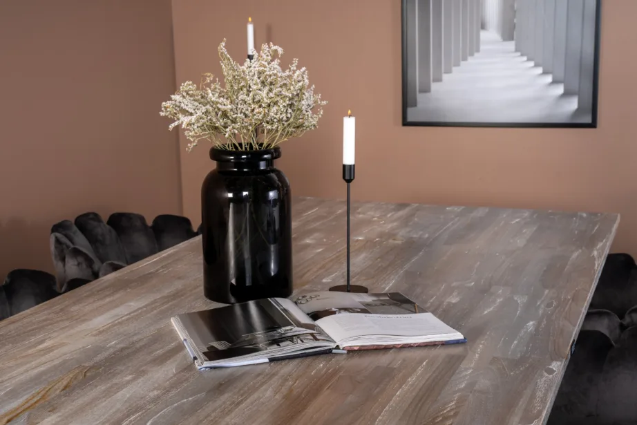 Tiigipuust söögilauakomplekt Jepara musta metallraamiga ja hallide Limhamn samettoolidega, GR19190 – 7