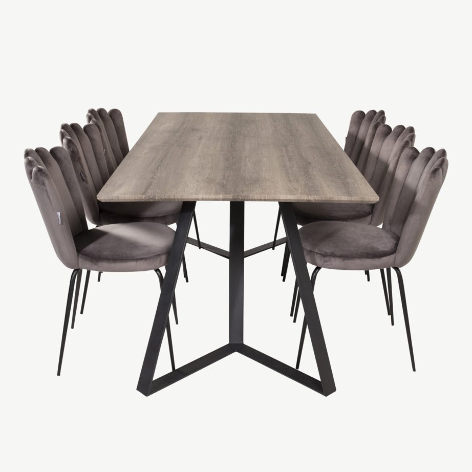 Marina ristkülikukujuline söögilaud ja hallid sametist Limhamni toolid, GR19200 – 2