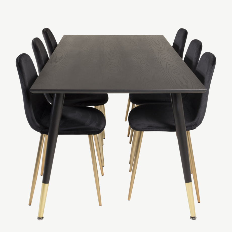 Dipp ristkülikukujuline söögilauakomplekt 6 tooliga, must/kuld (tammevineer, sametist istmed), GR19205 – 2