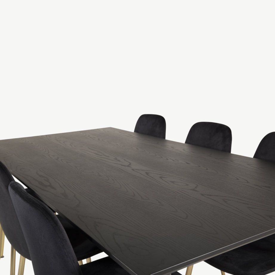 Dipp ristkülikukujuline söögilauakomplekt 6 tooliga, must/kuld (tammevineer, sametist istmed), GR19205 – 3