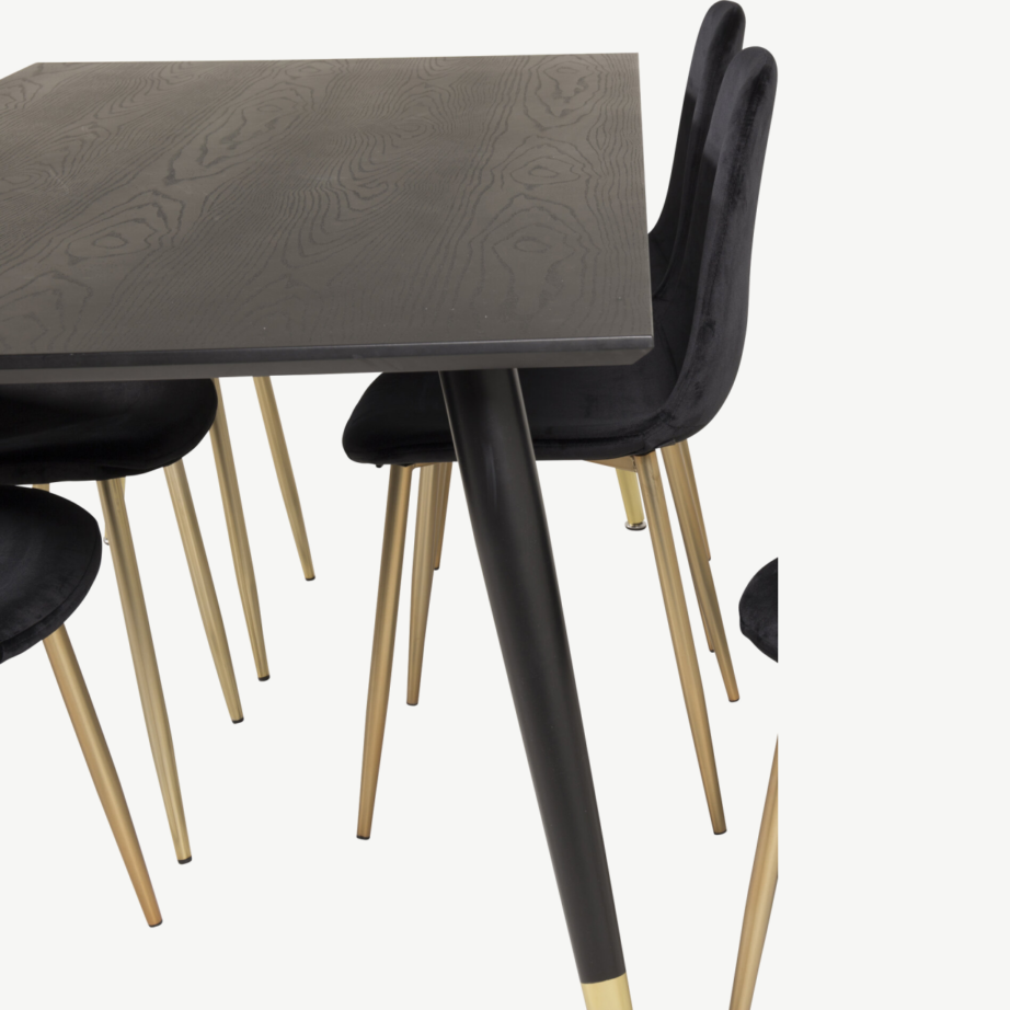 Dipp ristkülikukujuline söögilauakomplekt 6 tooliga, must/kuld (tammevineer, sametist istmed), GR19205 – 4