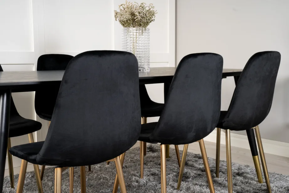 Dipp ristkülikukujuline söögilauakomplekt 6 tooliga, must/kuld (tammevineer, sametist istmed), GR19205 – 7