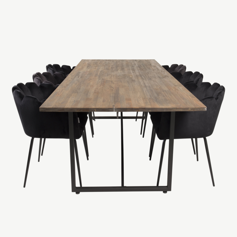 Padang ristkülikukujuline söögilaud tiigipuust ja mustad Limhamni samettoolid, GR19207 – 2