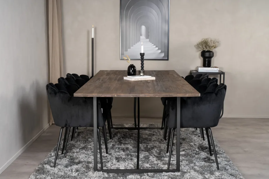 Padang ristkülikukujuline söögilaud tiigipuust ja mustad Limhamni samettoolid, GR19207 – 5