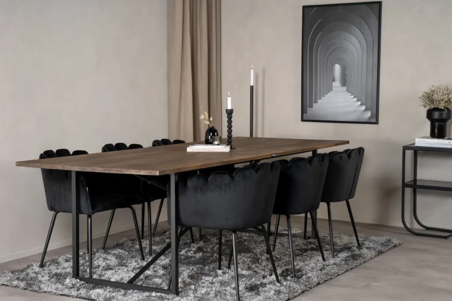 Padang ristkülikukujuline söögilaud tiigipuust ja mustad Limhamni samettoolid, GR19207 – 6