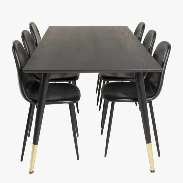 Ristkülikukujuline söögilauakomplekt Dipp (must spoon, kuldsete detailidega, 180x90 cm) 6 musta kunstnahast Polar tooliga - GR19208