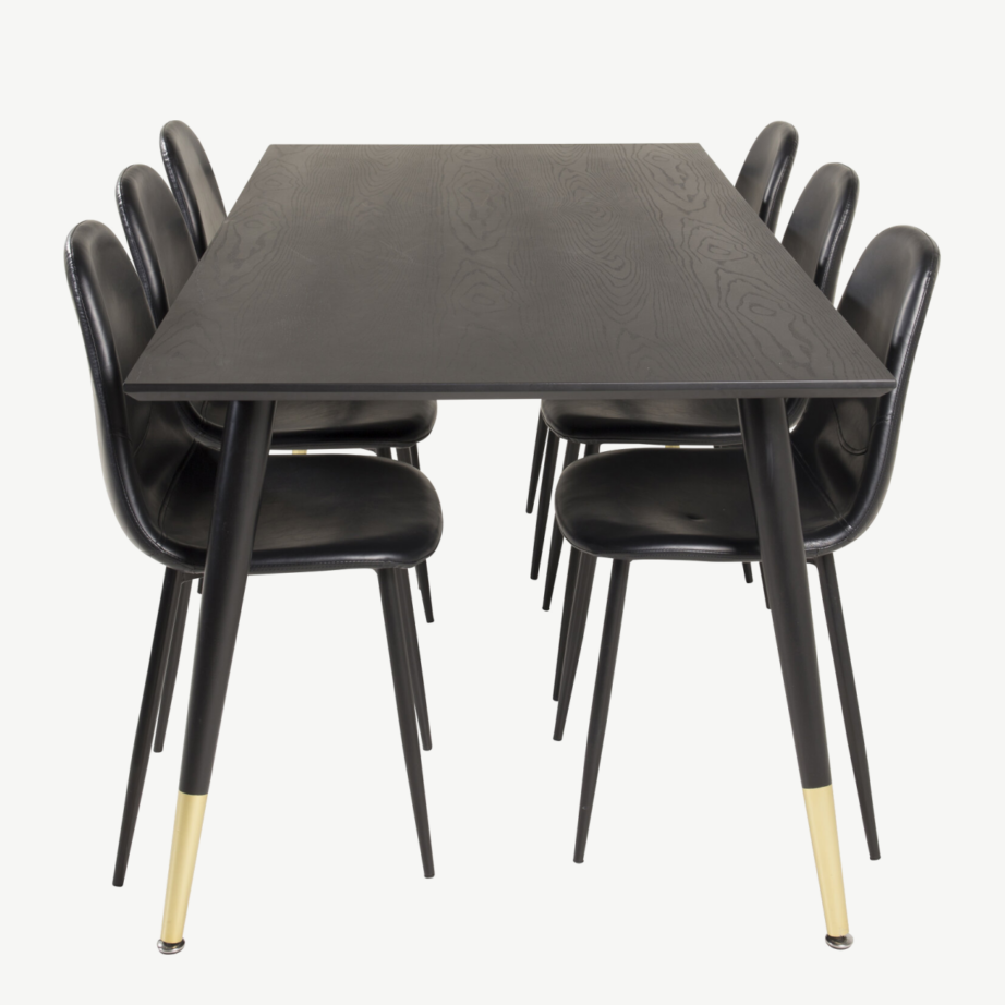 Ristkülikukujuline söögilauakomplekt Dipp (must spoon, kuldsete detailidega, 180×90 cm) 6 musta kunstnahast Polar tooliga, GR19208 – 2