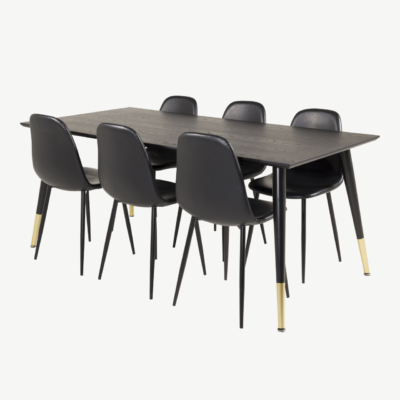 Ristkülikukujuline söögilauakomplekt Dipp (must spoon, kuldsete detailidega, 180x90 cm) 6 musta kunstnahast Polar tooliga - GR19208