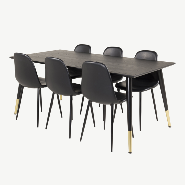 Ristkülikukujuline söögilauakomplekt Dipp (must spoon, kuldsete detailidega, 180x90 cm) 6 musta kunstnahast Polar tooliga - GR19208