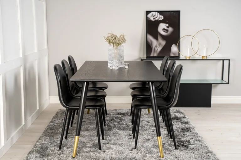 Ristkülikukujuline söögilauakomplekt Dipp (must spoon, kuldsete detailidega, 180x90 cm) 6 musta kunstnahast Polar tooliga - GR19208