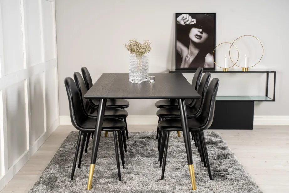 Ristkülikukujuline söögilauakomplekt Dipp (must spoon, kuldsete detailidega, 180×90 cm) 6 musta kunstnahast Polar tooliga, GR19208 – 5