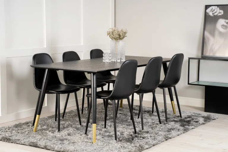 Ristkülikukujuline söögilauakomplekt Dipp (must spoon, kuldsete detailidega, 180x90 cm) 6 musta kunstnahast Polar tooliga - GR19208